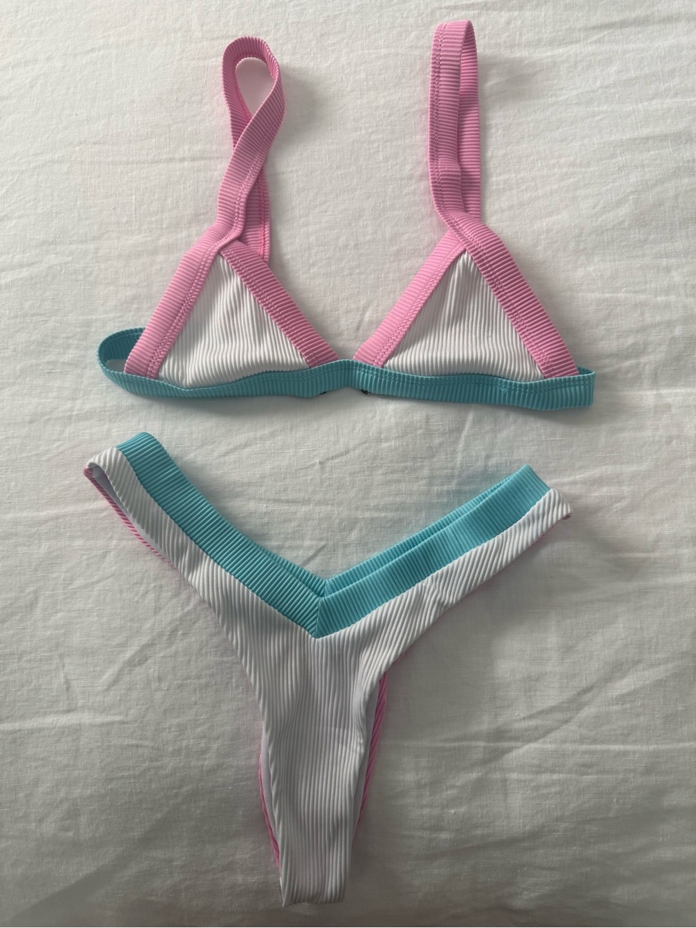 White Ribbed Bikini Set with Pink & Teal Trim